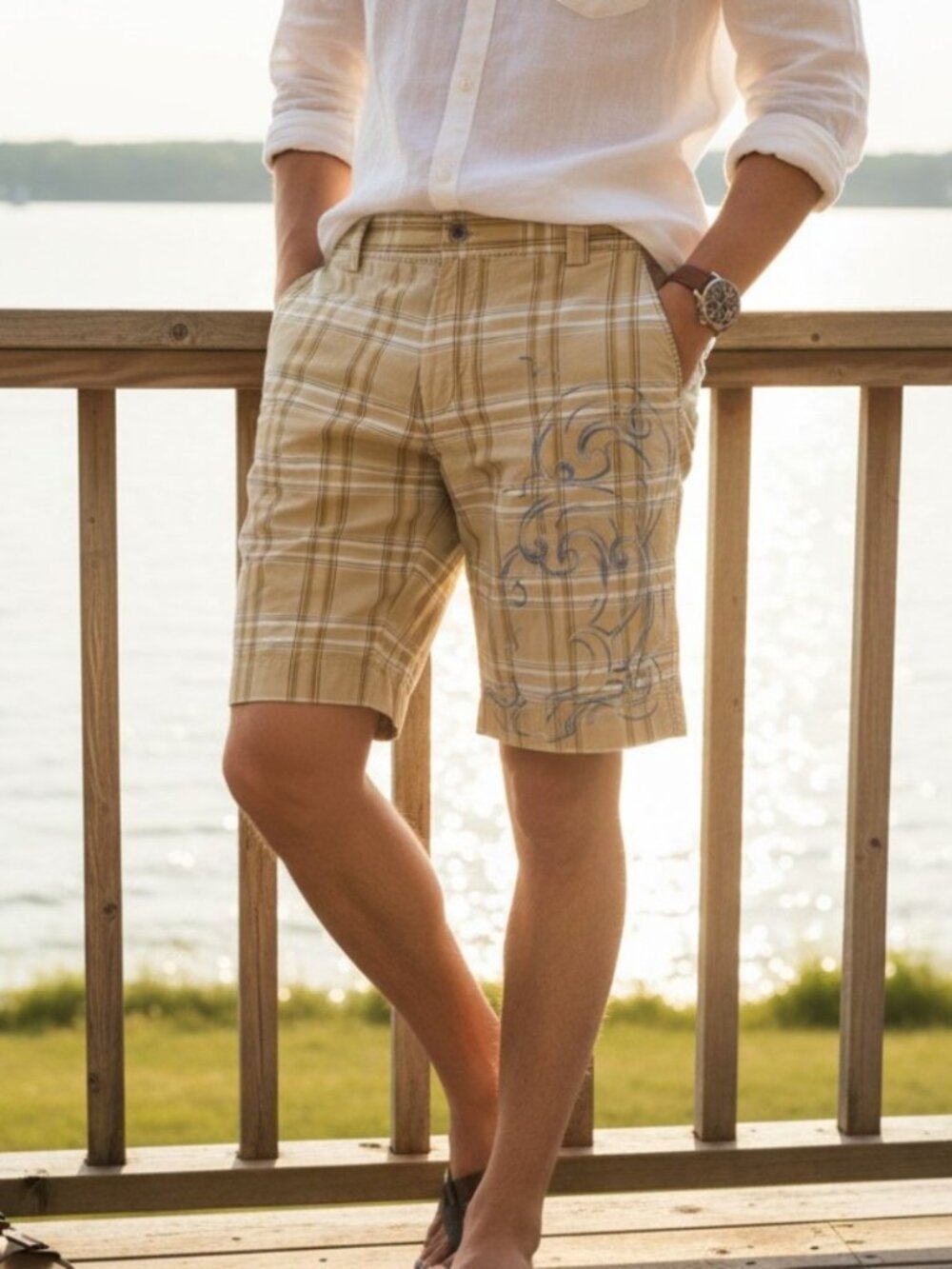 Vintage Robert Graham Tan Plaid Blue Wave Embroider Shorts